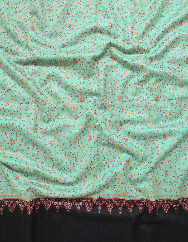 Black & Light Parrot Green Pashmina Shawl With Sozni Work 5819