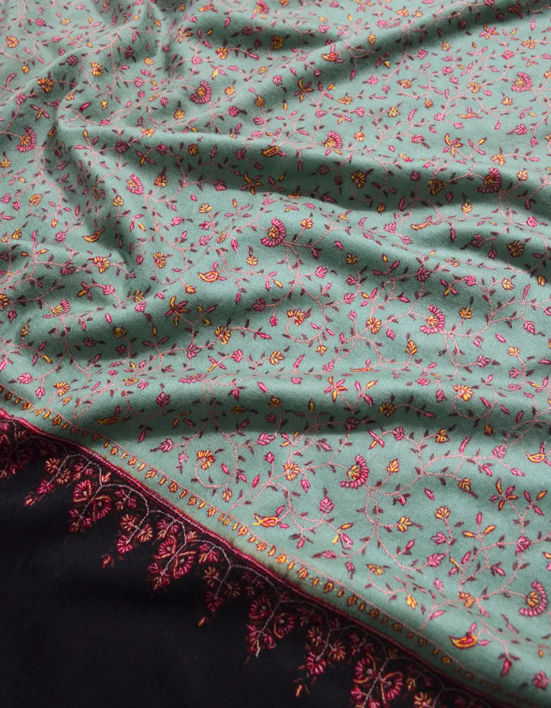 Black & Light Parrot Green Pashmina Shawl With Sozni Work 5819