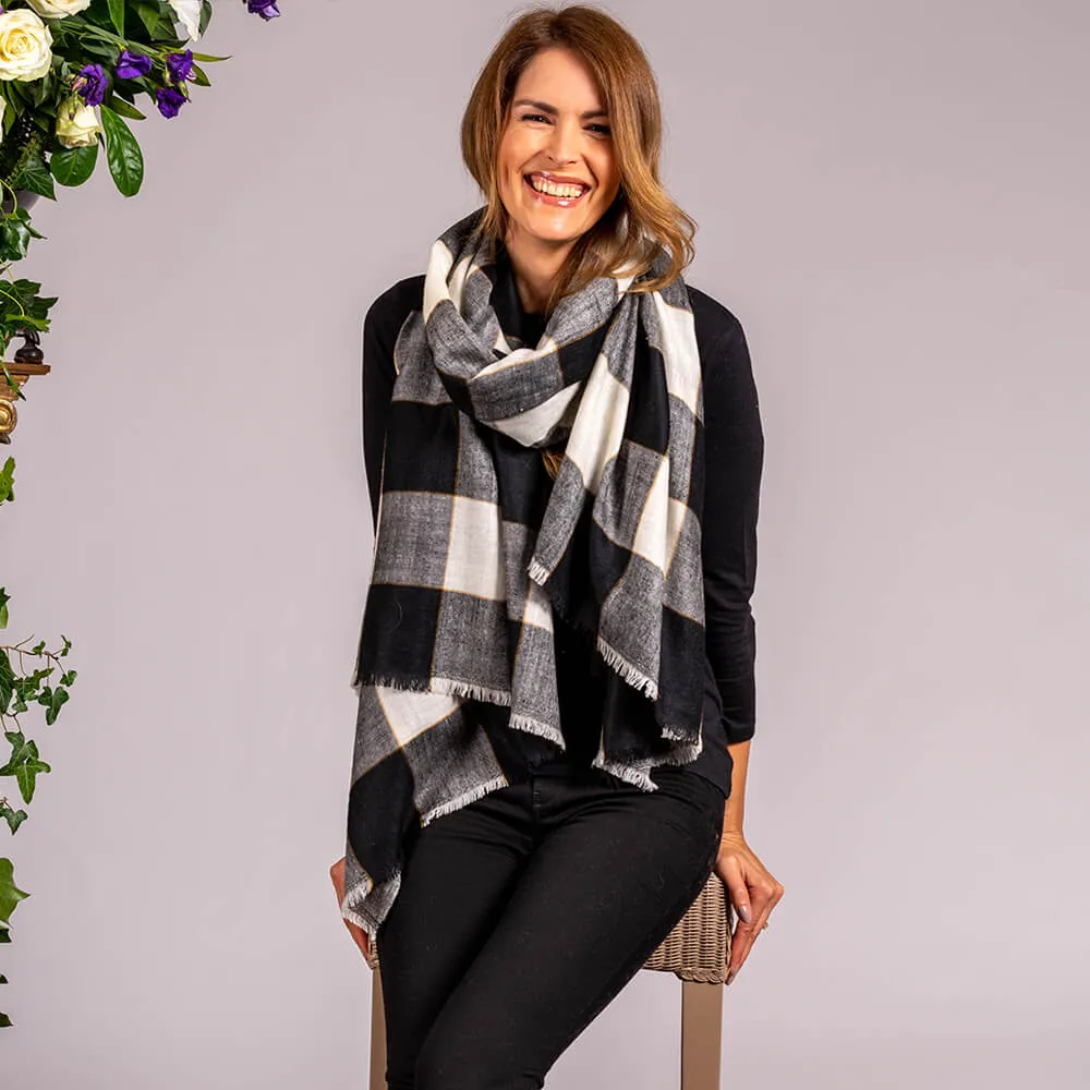 Black and Ivory Check Cashmere Ring Shawl