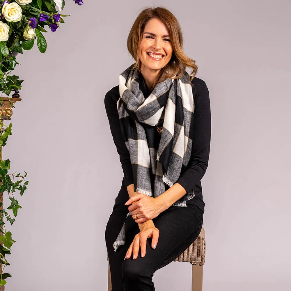Black and Ivory Check Cashmere Ring Shawl