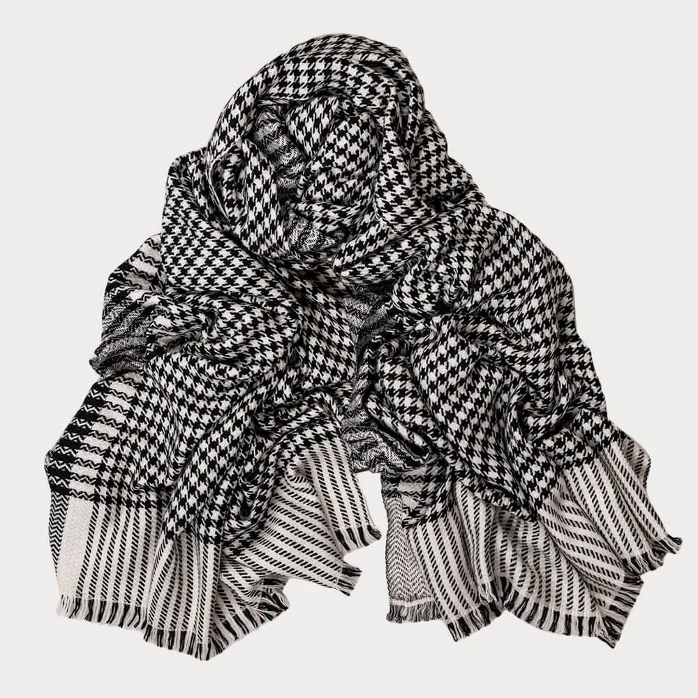 Black and Ivory Houndstooth Cashmere Shawl