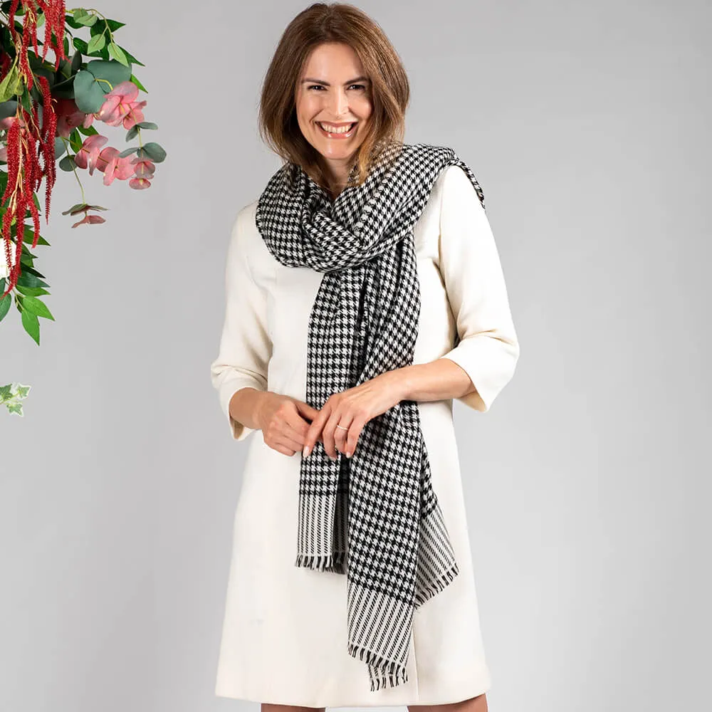 Black and Ivory Houndstooth Cashmere Shawl