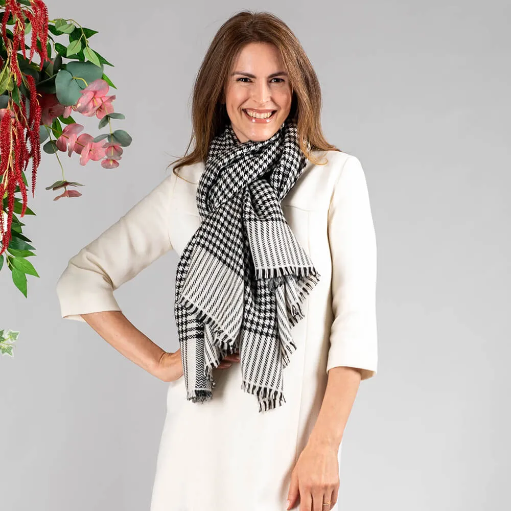 Black and Ivory Houndstooth Cashmere Shawl