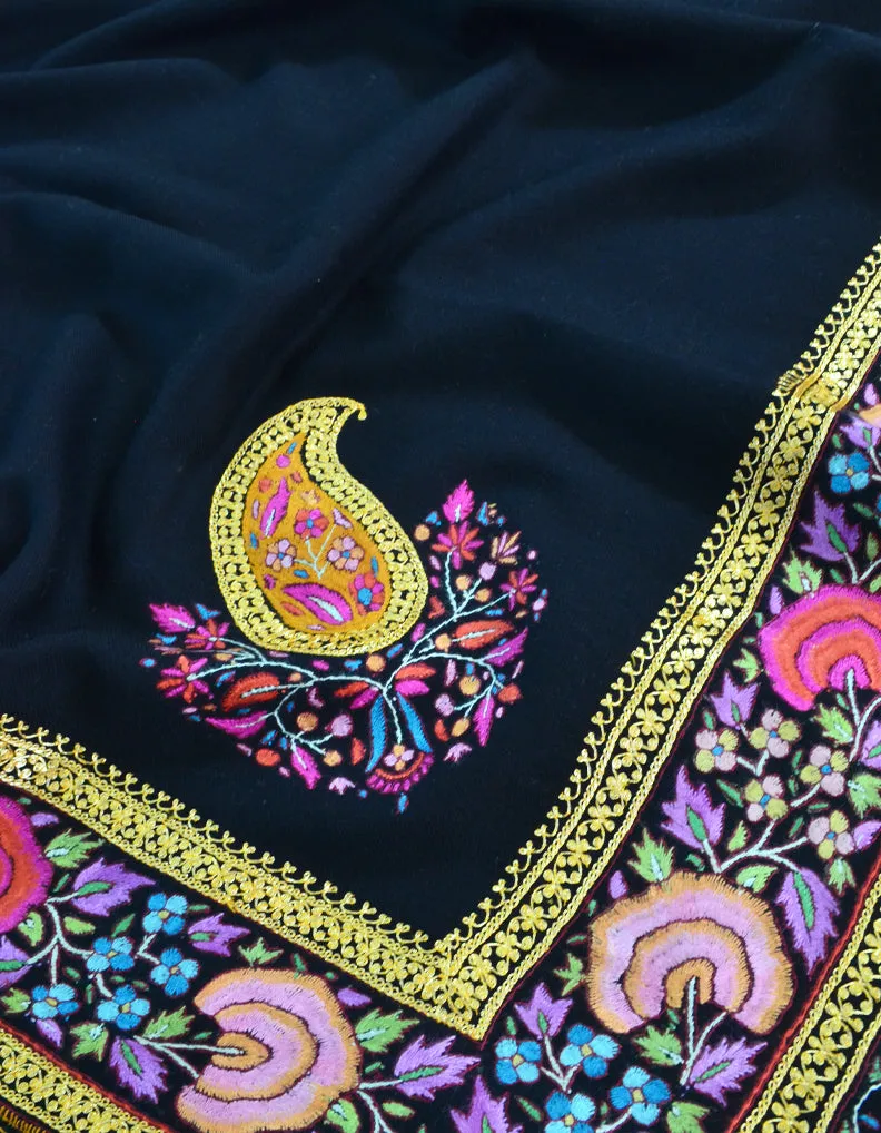 Black Pashmina Shawl With Sozni & Tilla Work 5474