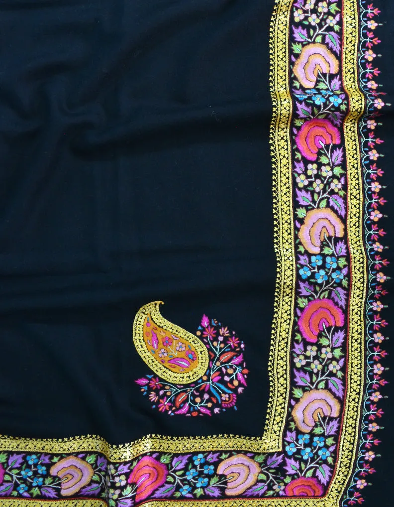 Black Pashmina Shawl With Sozni & Tilla Work 5474
