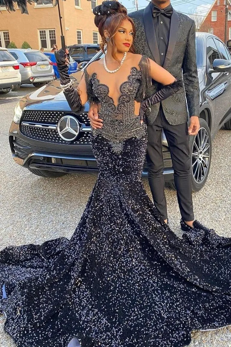 Black V-neck Beaded Sequined Mermaid Long Prom Dress with Tassels