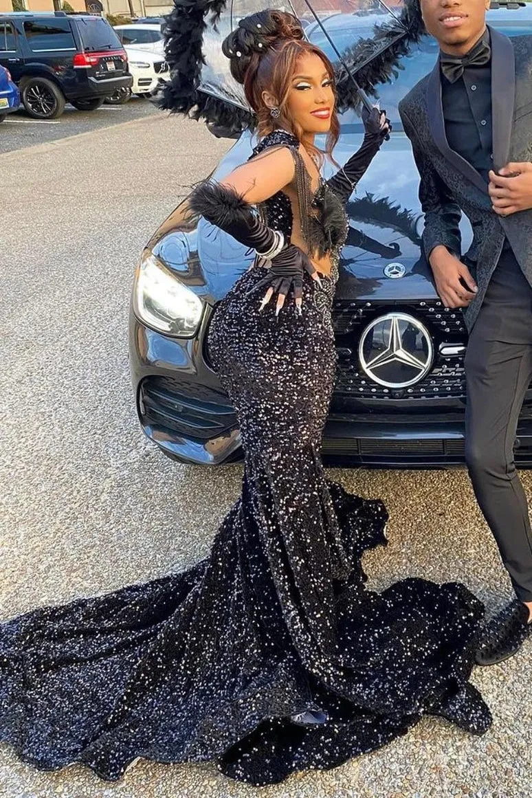 Black V-neck Beaded Sequined Mermaid Long Prom Dress with Tassels