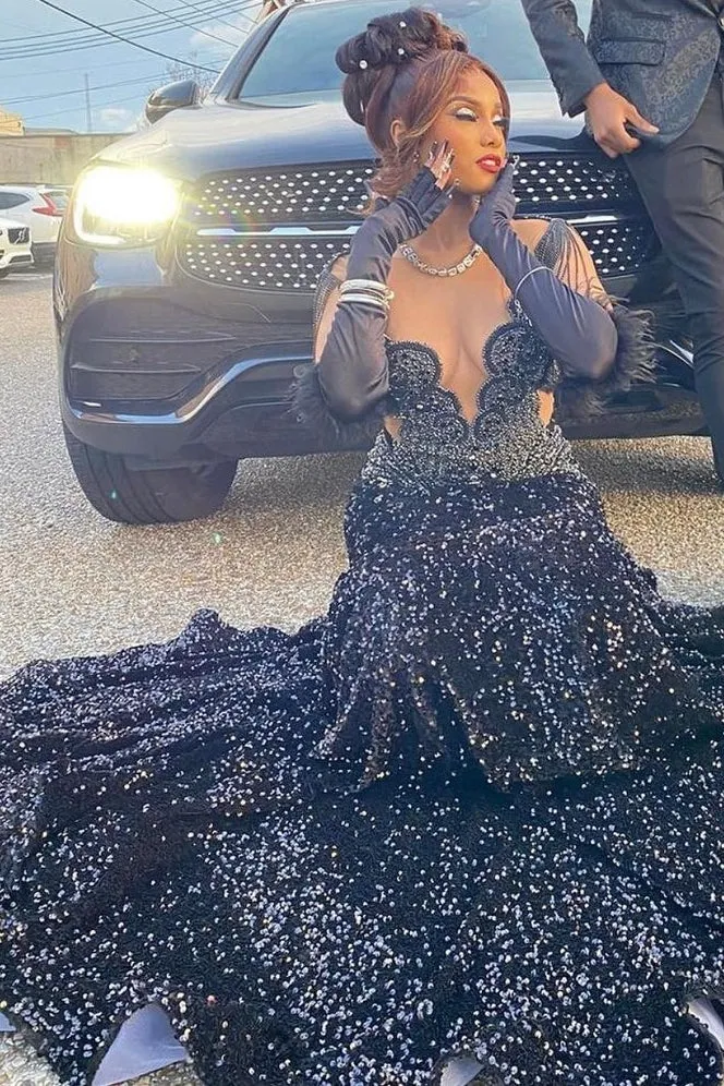 Black V-neck Beaded Sequined Mermaid Long Prom Dress with Tassels