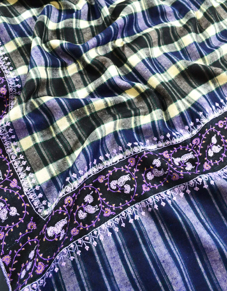 Blue Check Embroidery Pashmina Shawl 7700