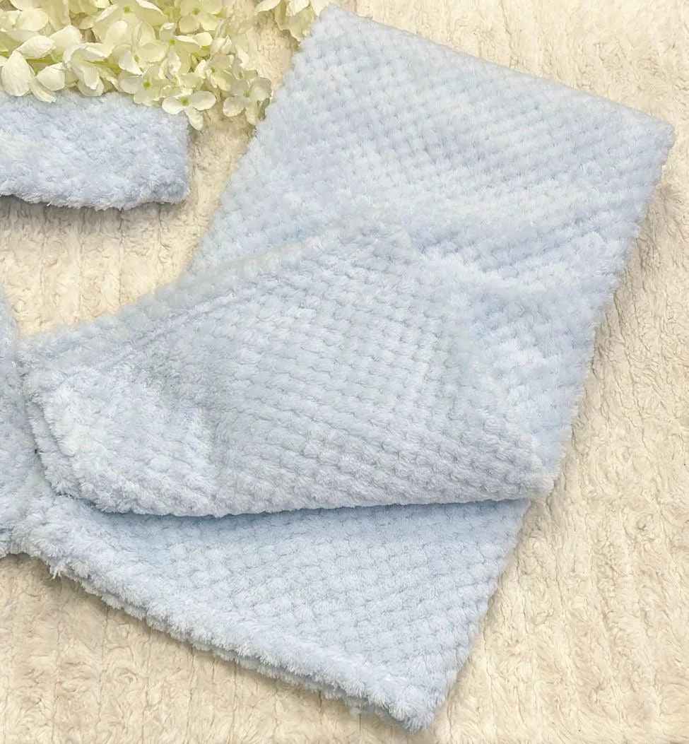 Blue fleecy baby blanket and hoodie set