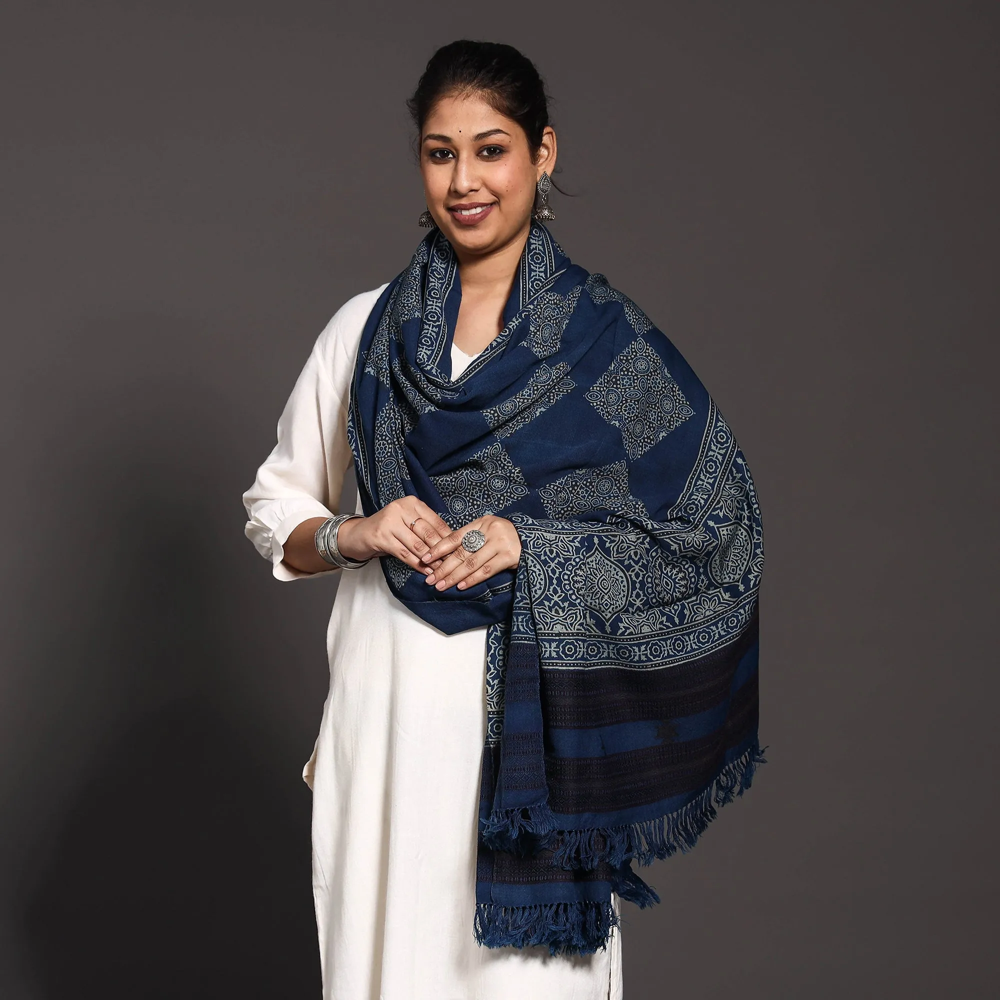 Blue - Kutch Traditional Ajrakh Block Printed Handwoven Pure Woolen Shawl