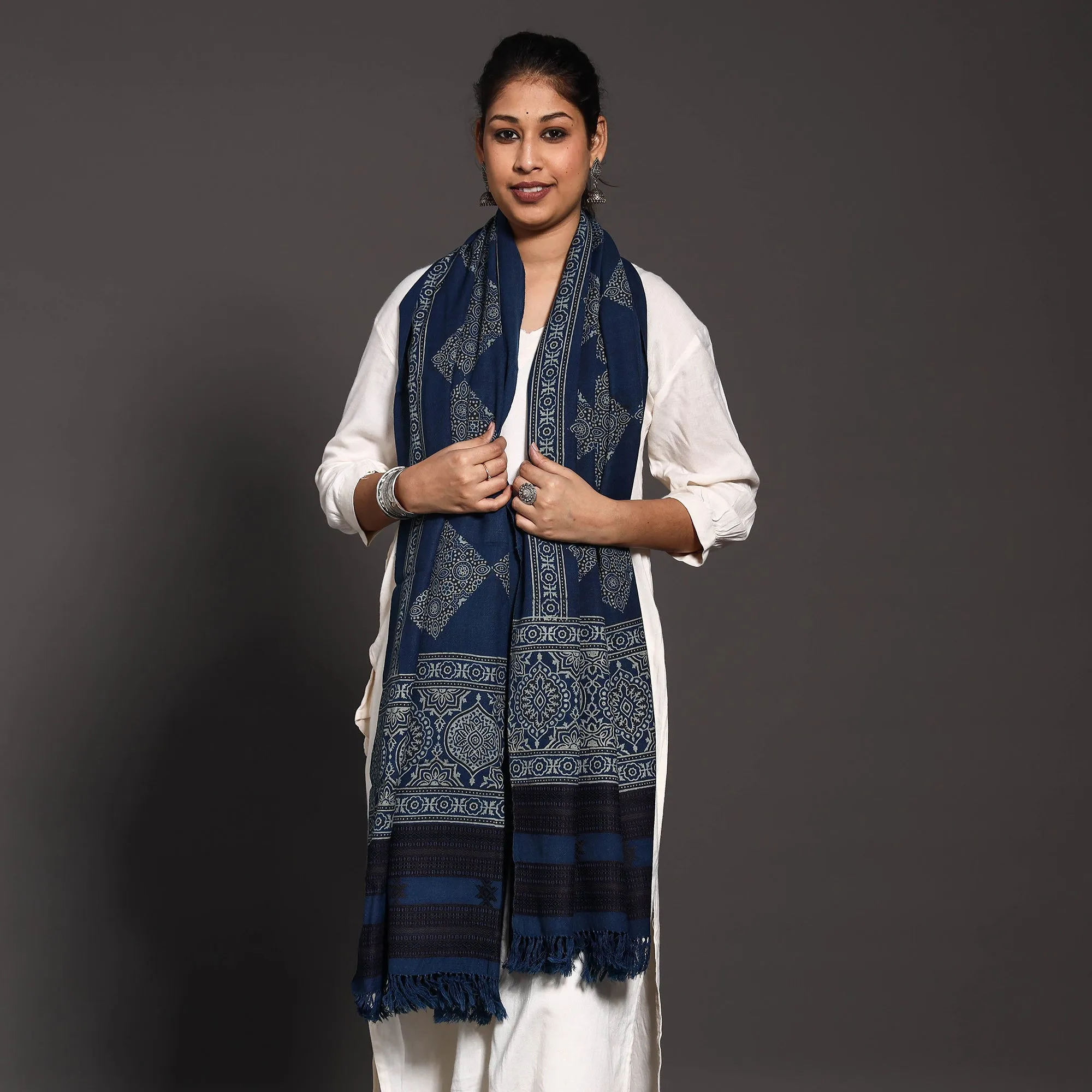 Blue - Kutch Traditional Ajrakh Block Printed Handwoven Pure Woolen Shawl