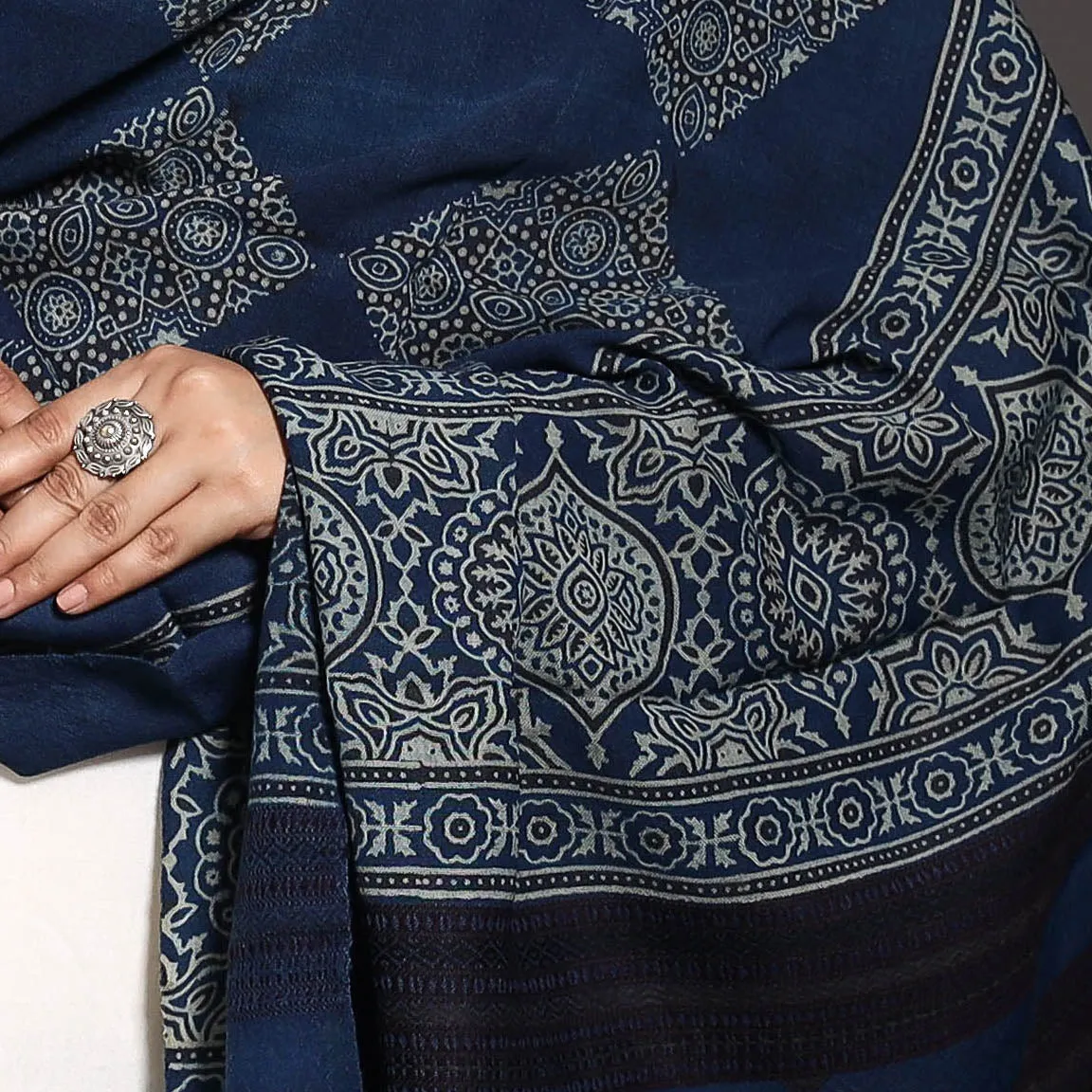 Blue - Kutch Traditional Ajrakh Block Printed Handwoven Pure Woolen Shawl