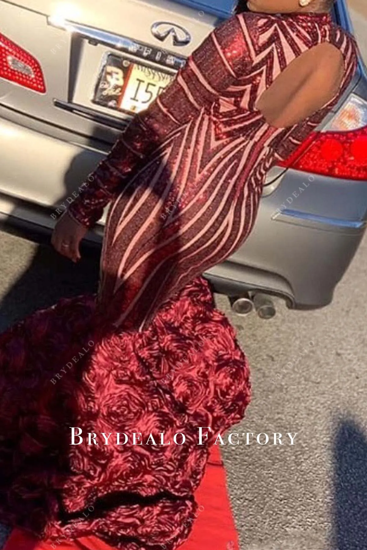 Burgundy Sequined Long Sleeves Mermaid Prom Dress