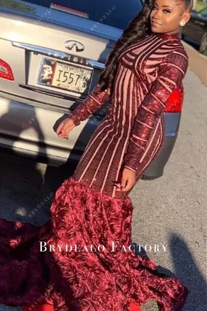 Burgundy Sequined Long Sleeves Mermaid Prom Dress
