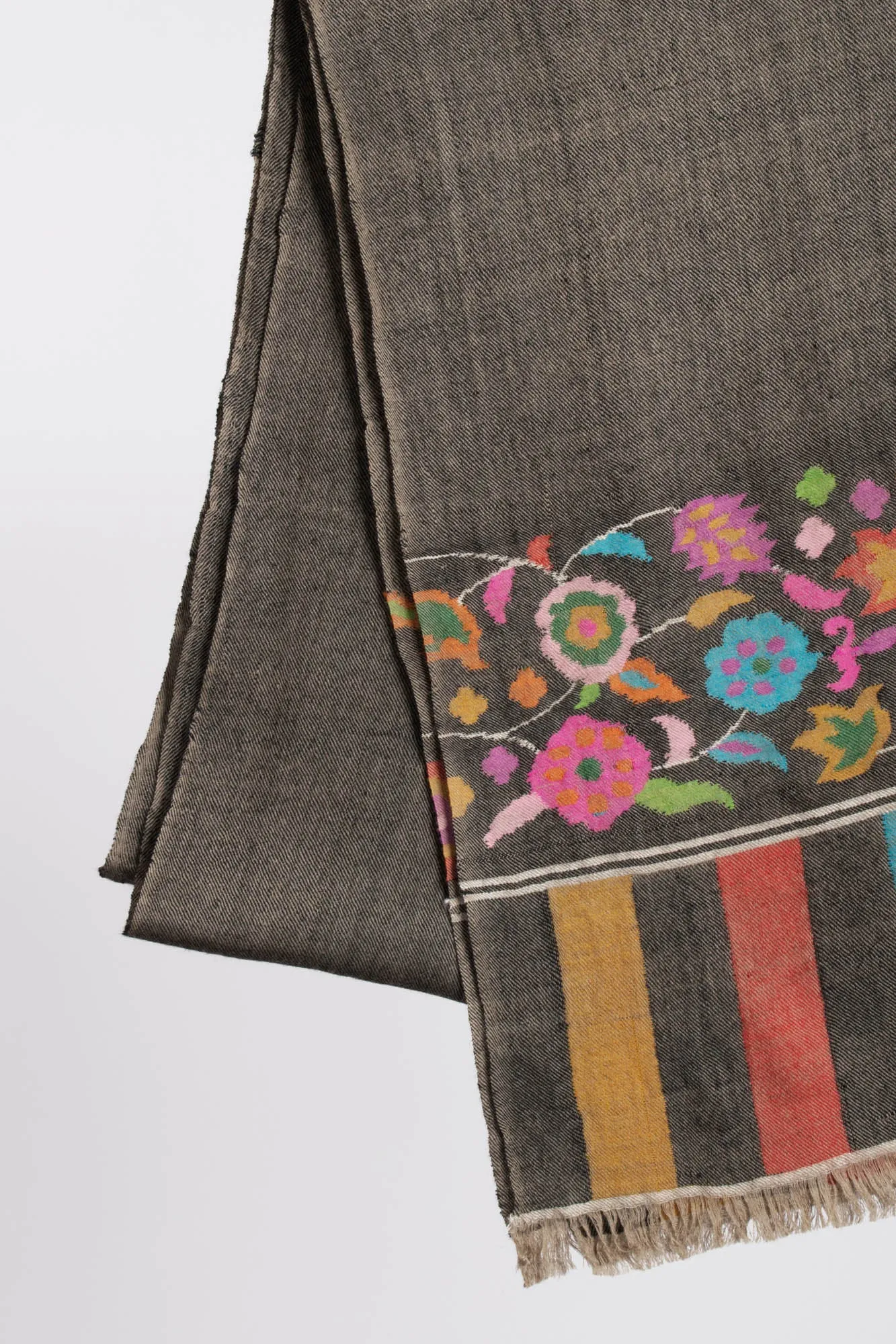 Charcoal Black Floral Kani Pashmina Shawl - KINGMAN