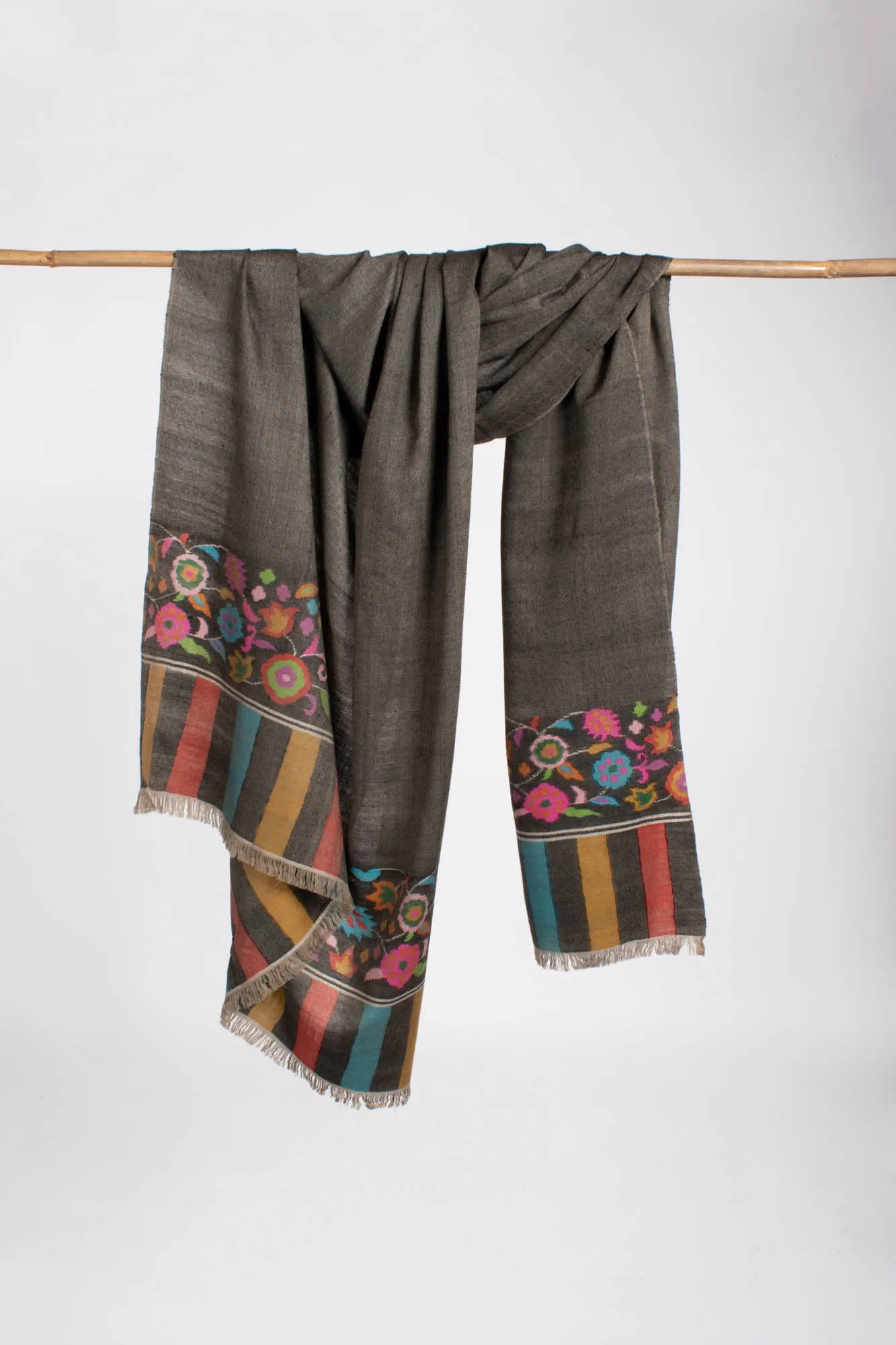 Charcoal Black Floral Kani Pashmina Shawl - KINGMAN