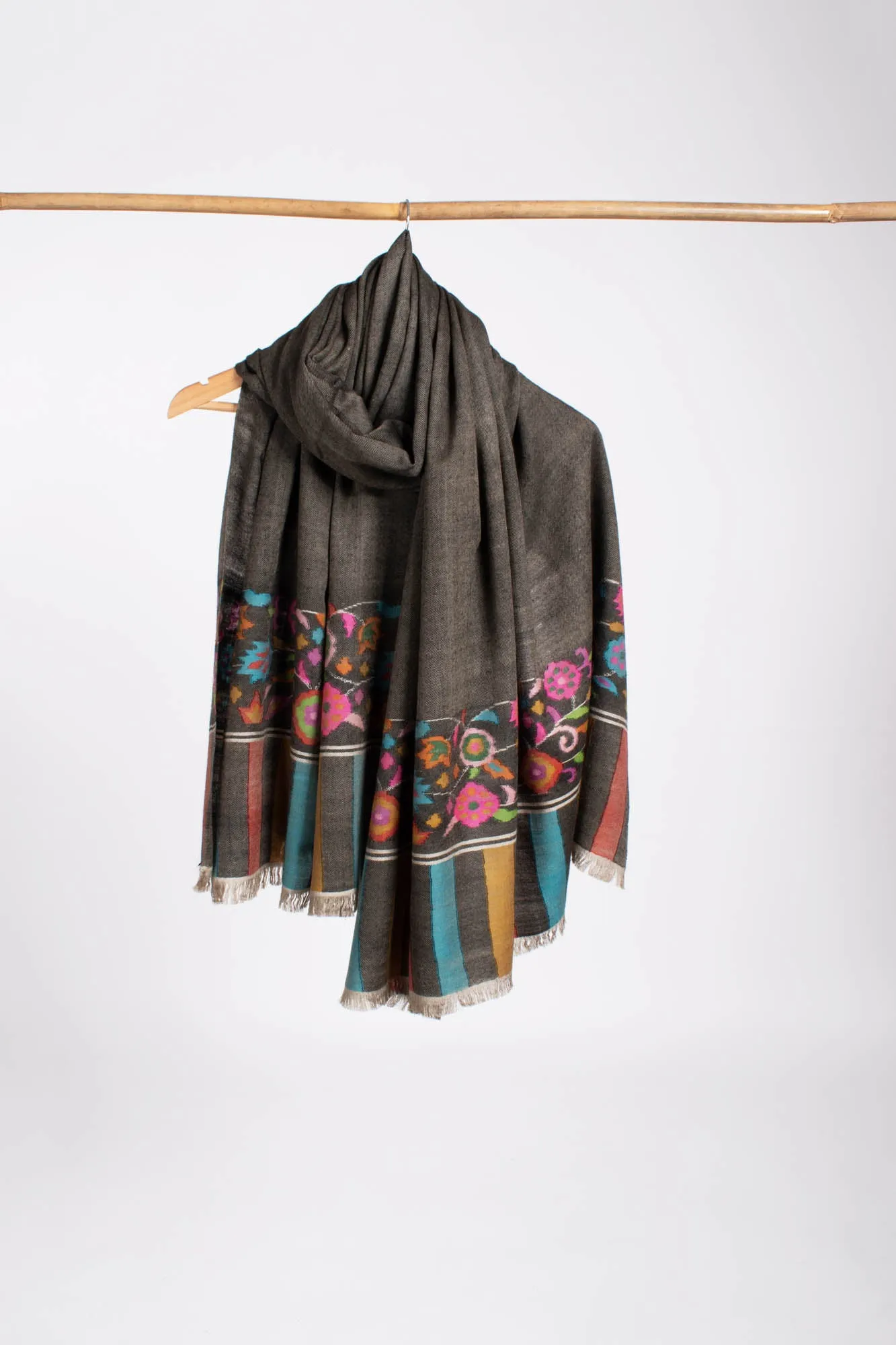 Charcoal Black Floral Kani Pashmina Shawl - KINGMAN