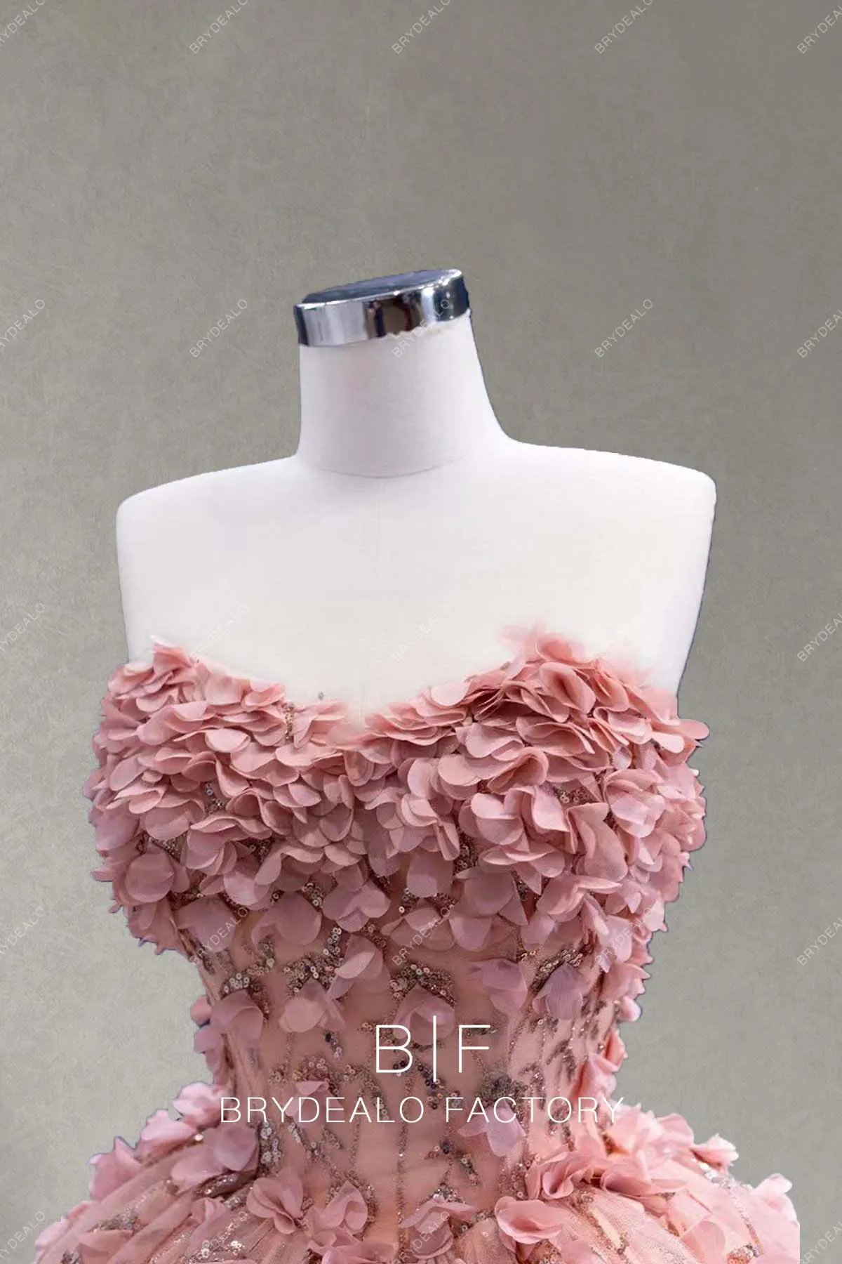 Dusty Rose Romantic Flowers Lace Strapless Ball Gown Formal Dress