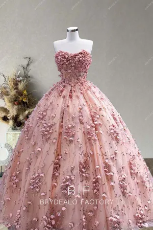 Dusty Rose Romantic Flowers Lace Strapless Ball Gown Formal Dress