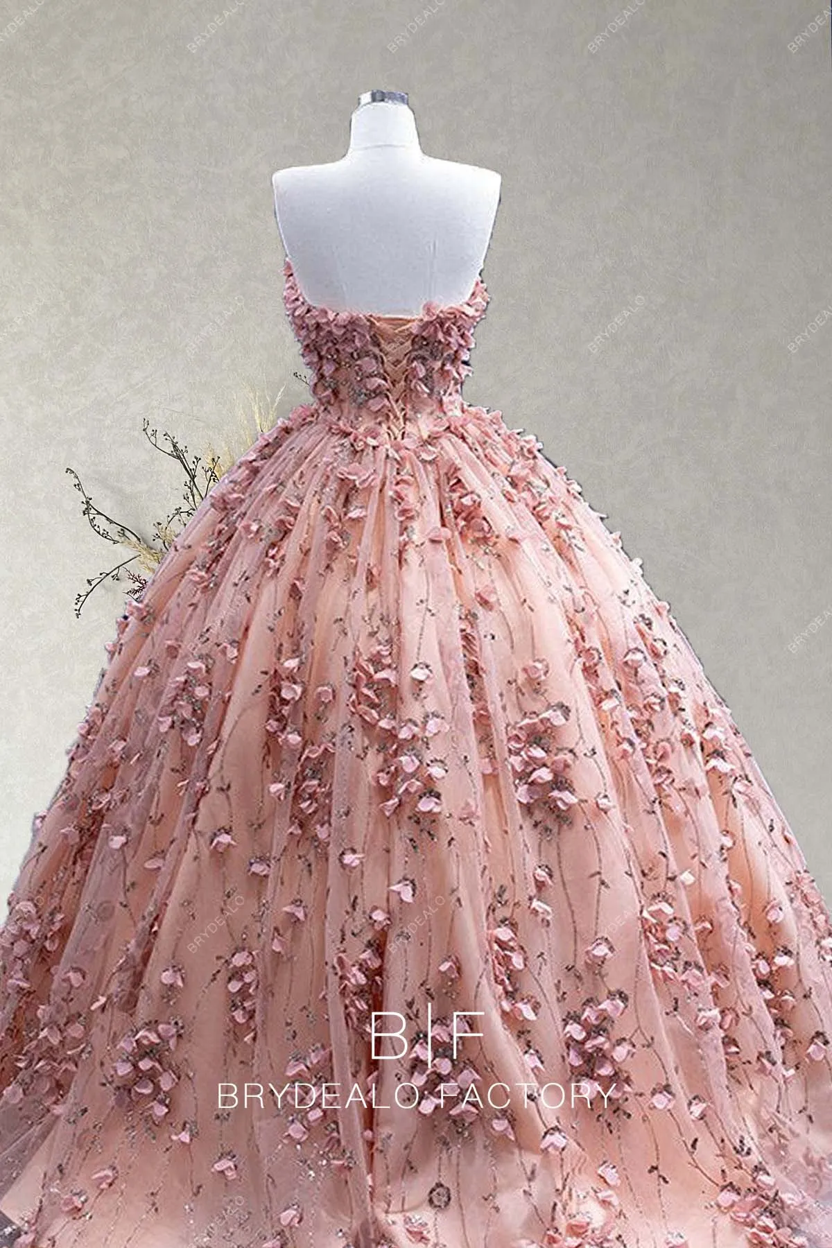 Dusty Rose Romantic Flowers Lace Strapless Ball Gown Formal Dress