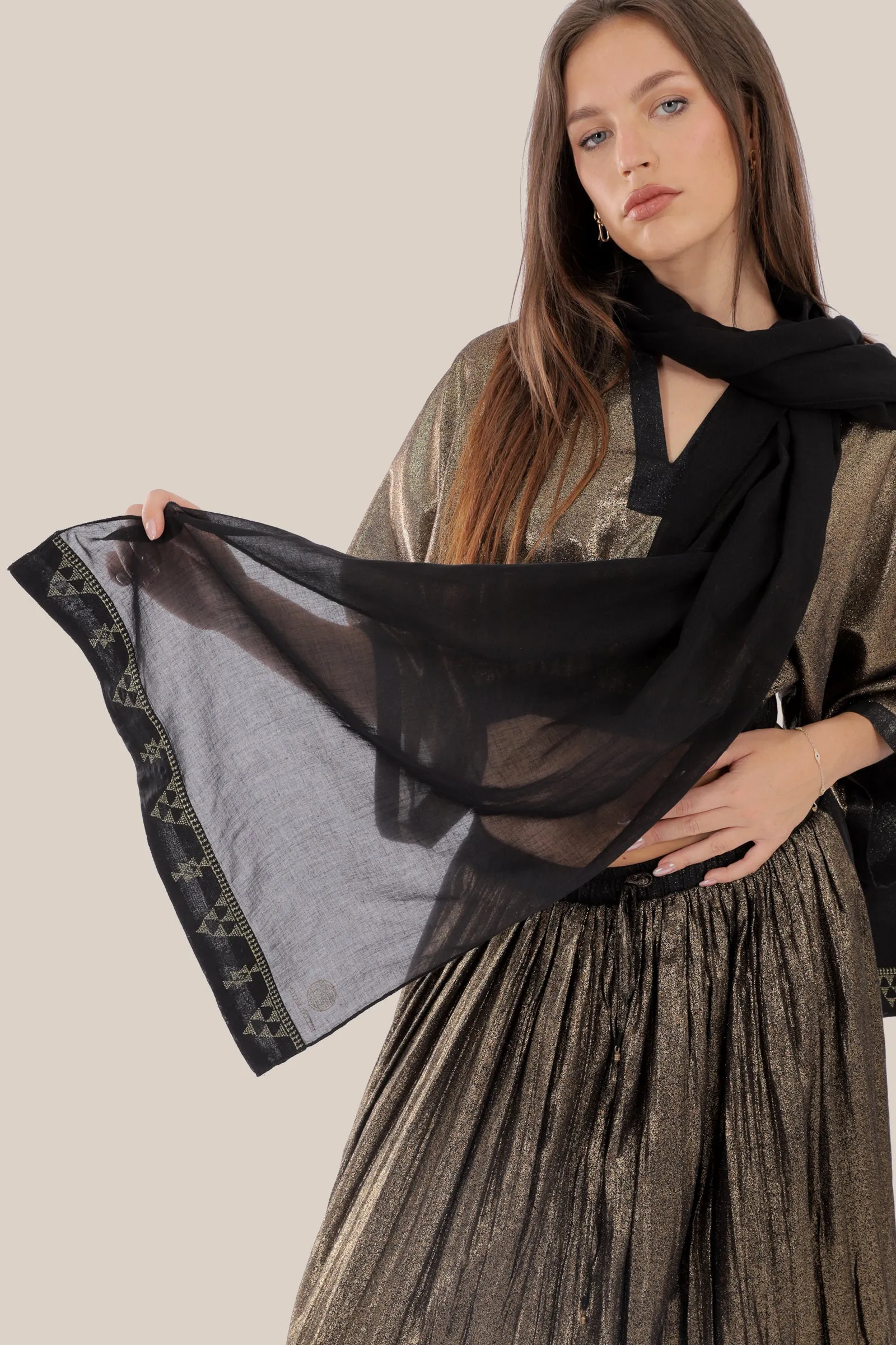 Embroidered light cotton voile scarf