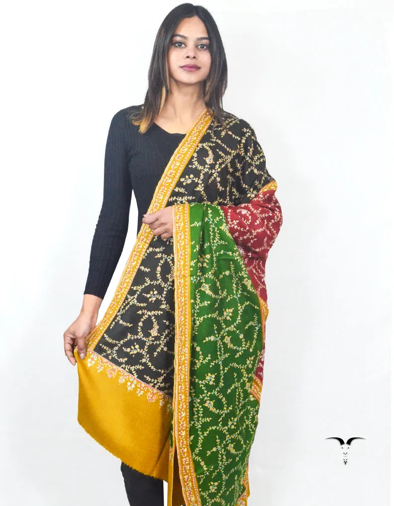 Embroidered Pashmina Shawl In Mustard, Black, Green & Maroon Coloures 5651
