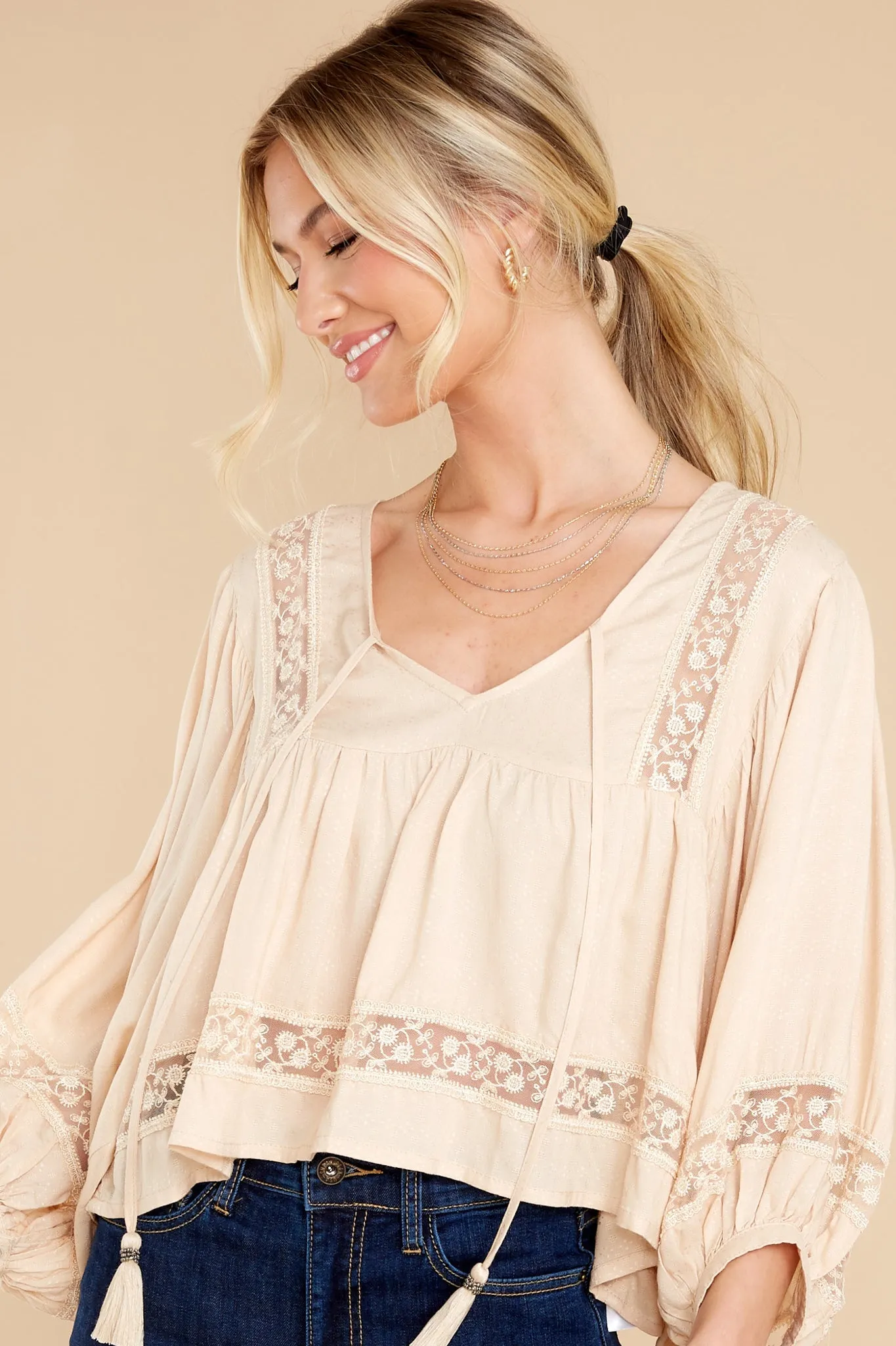 Fawn Beige Inset Lace Top