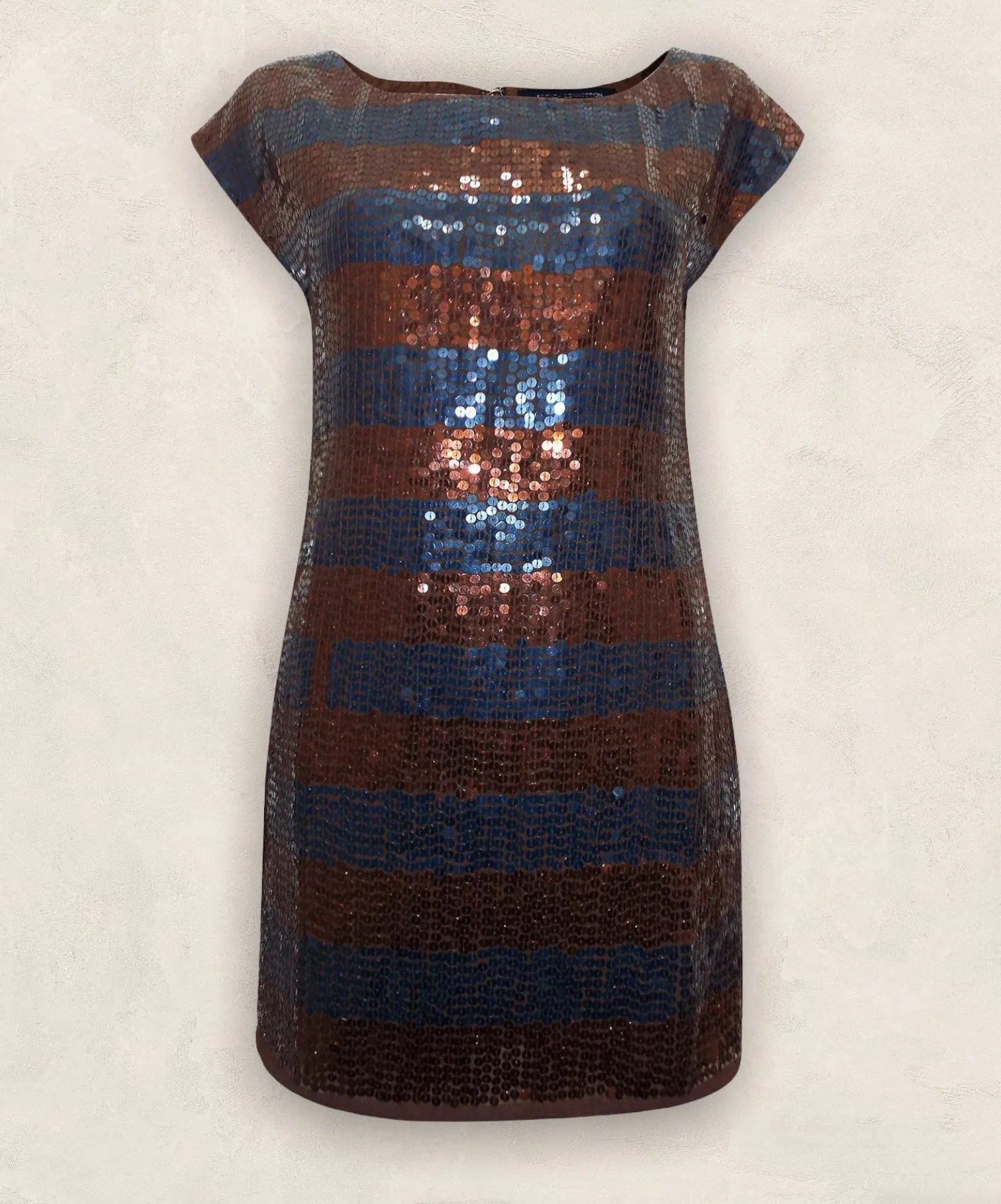 French Connection Copper & Ink Blue Striped Sequin Shift Dress UK 12 US 8 EU 40