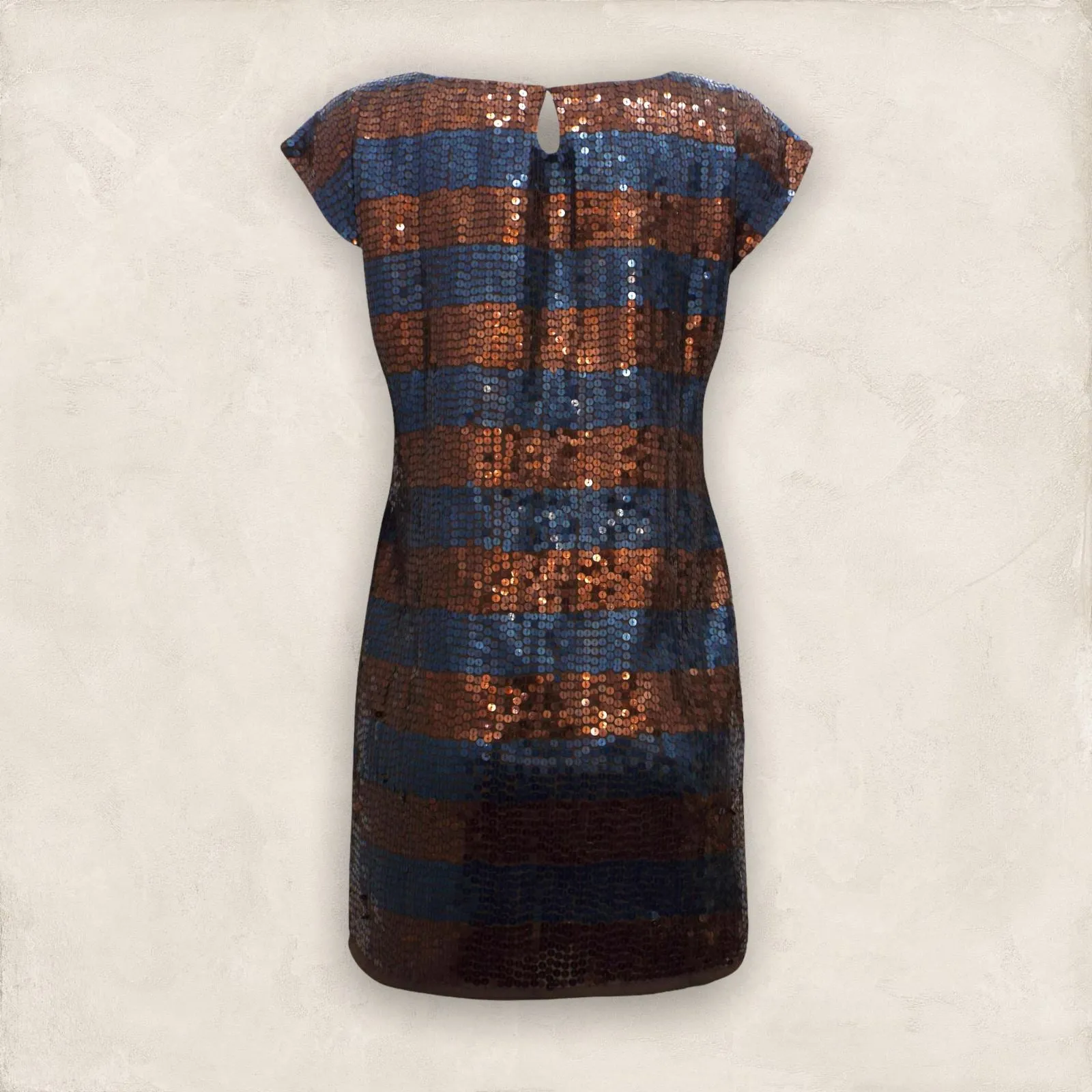 French Connection Copper & Ink Blue Striped Sequin Shift Dress UK 12 US 8 EU 40