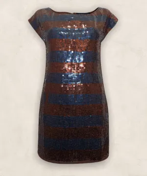 French Connection Copper & Ink Blue Striped Sequin Shift Dress UK 12 US 8 EU 40