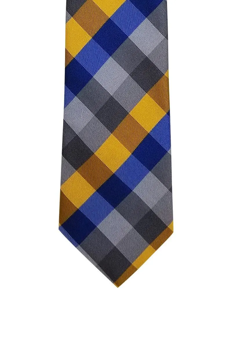 Gold Blue Silver Plaid Skinny Tie