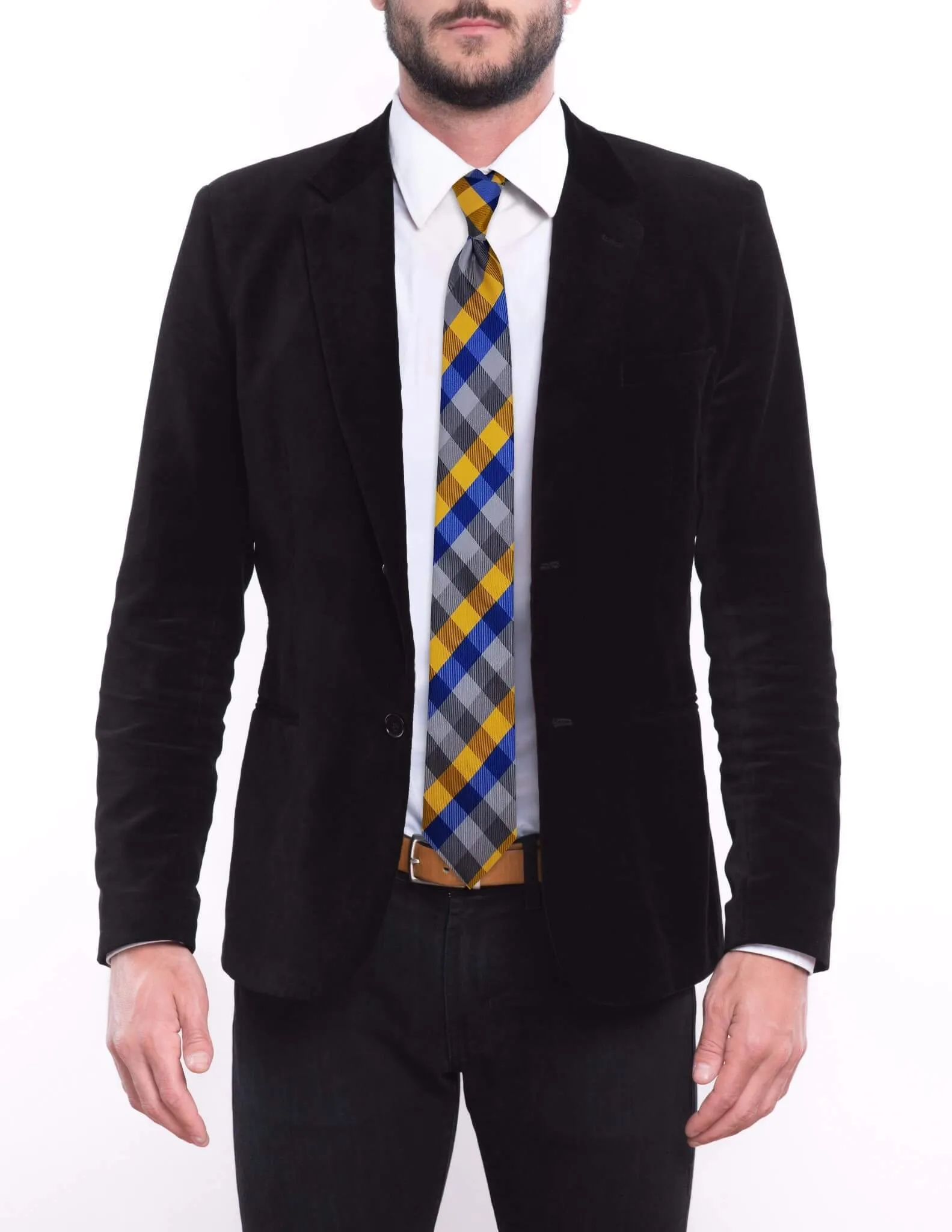 Gold Blue Silver Plaid Skinny Tie