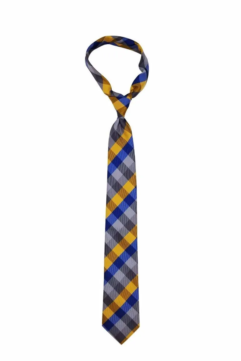 Gold Blue Silver Plaid Skinny Tie