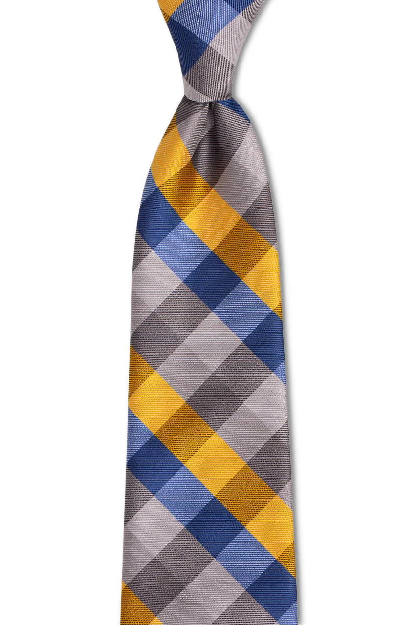 Gold Blue Silver Plaid Skinny Tie