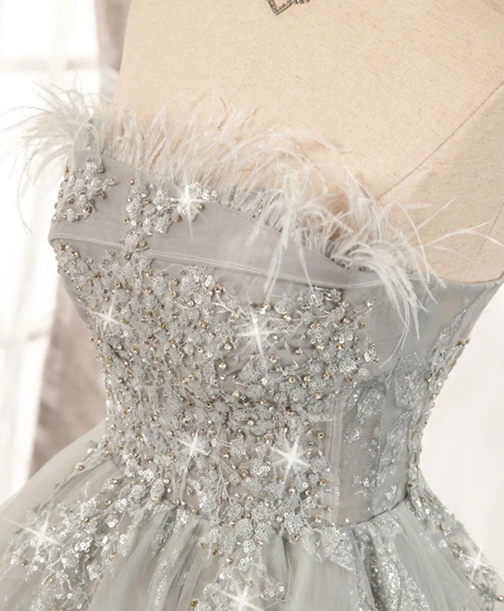 Gray Sweetheart Lace Tulle Short Prom Dress Gray Homecoming Dress