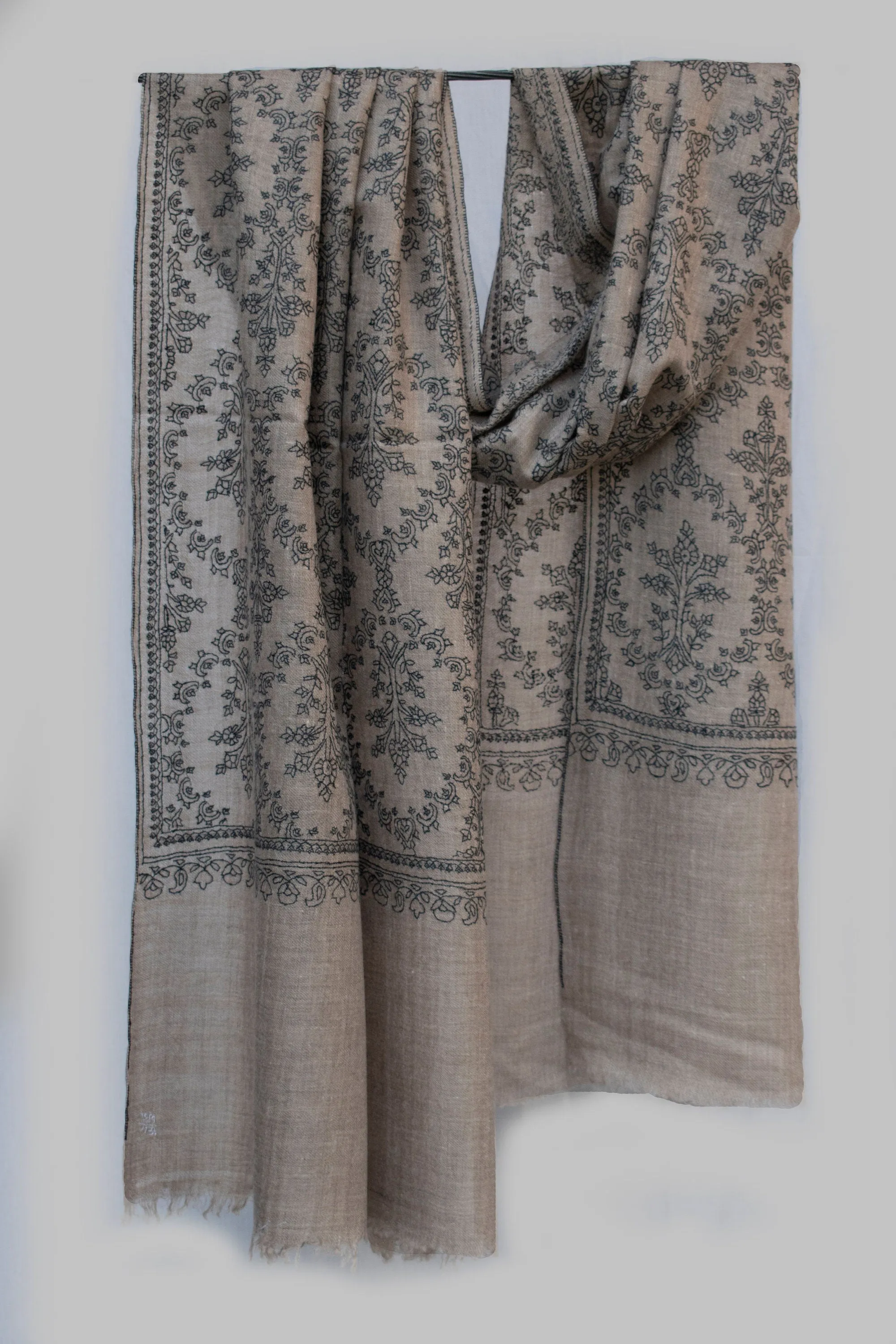 Grey Natural Pure Pashmina Scarf Cashmere Wrap Jali, Handwoven, Hand Embroidered