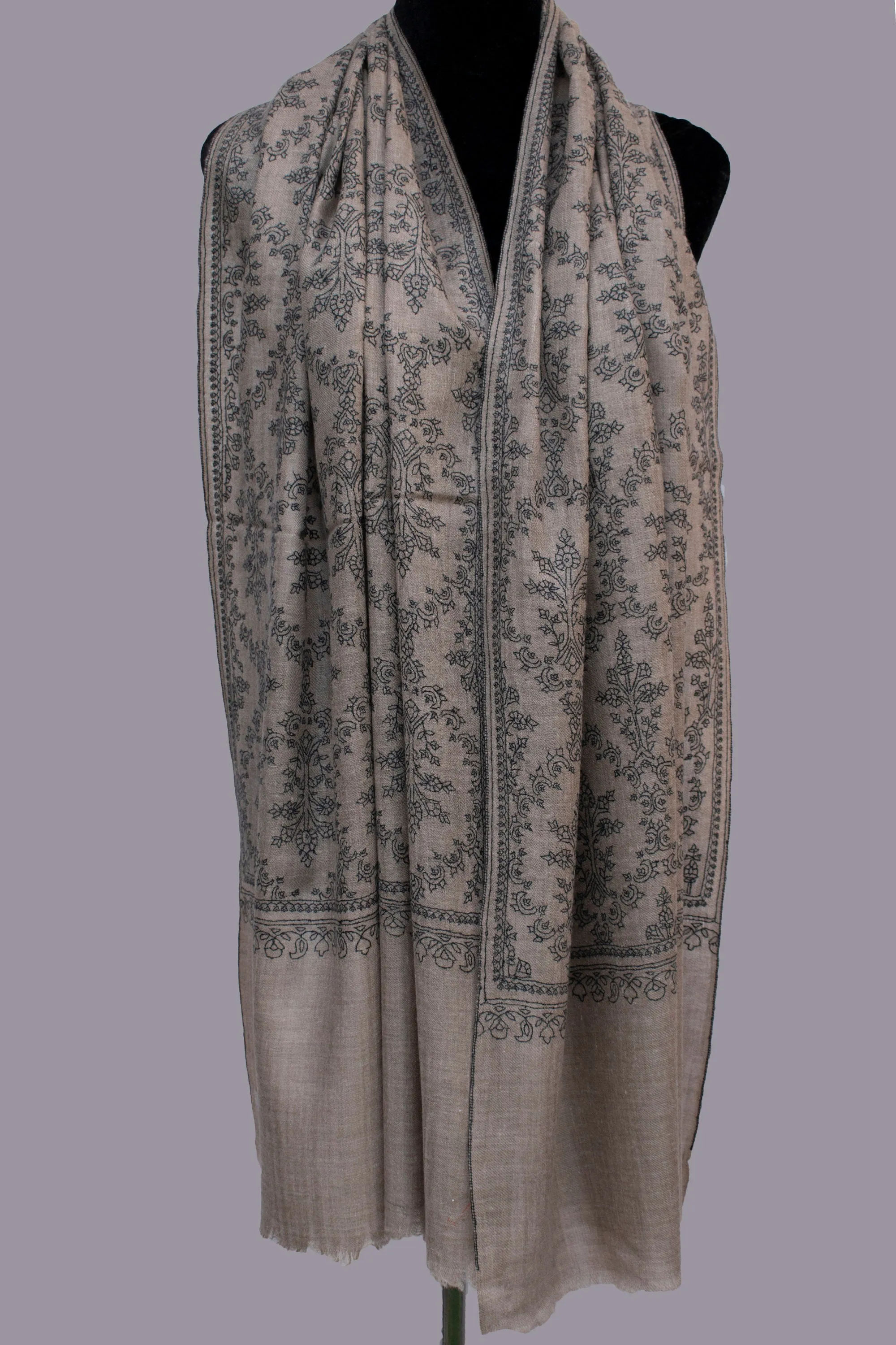 Grey Natural Pure Pashmina Scarf Cashmere Wrap Jali, Handwoven, Hand Embroidered