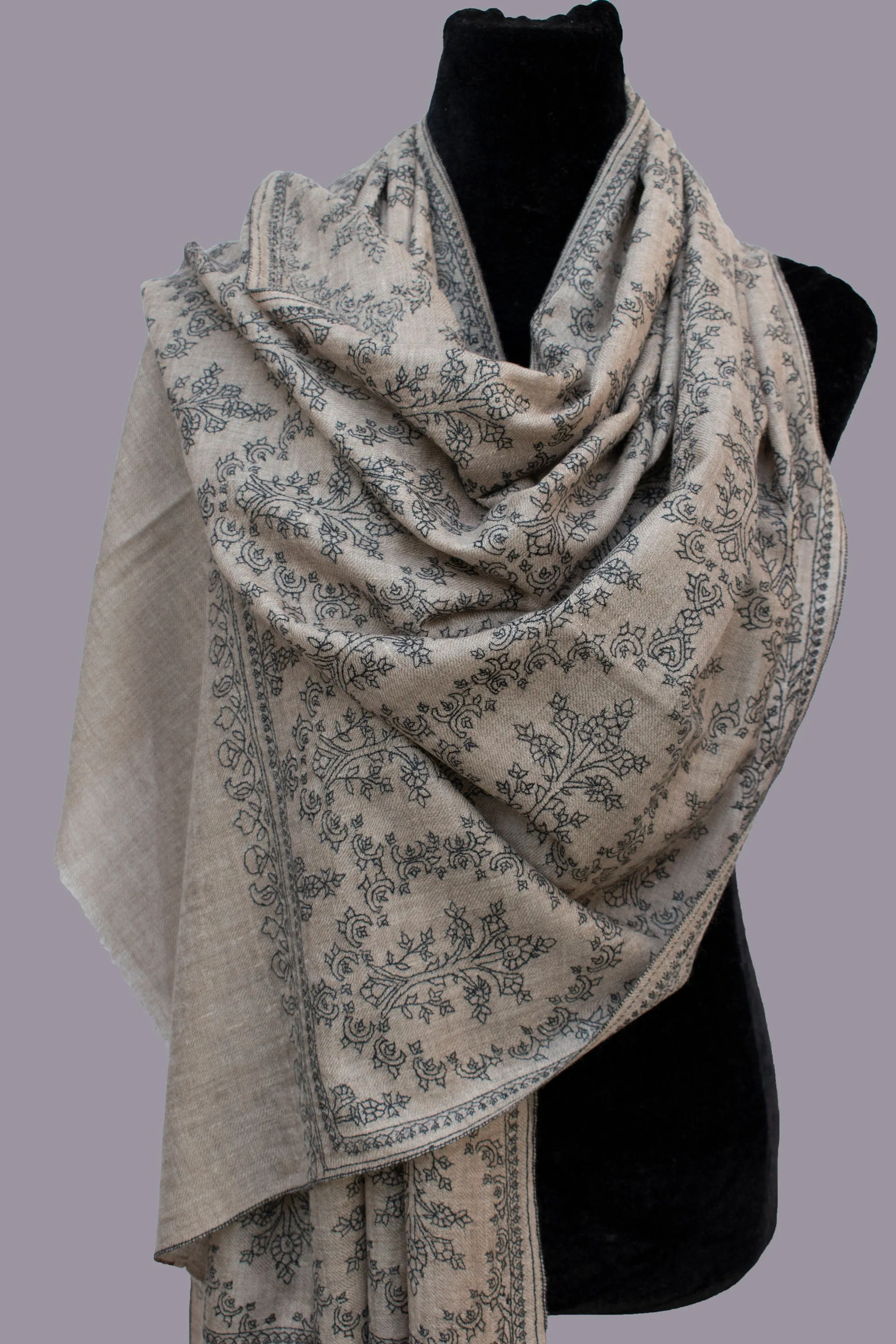 Grey Natural Pure Pashmina Scarf Cashmere Wrap Jali, Handwoven, Hand Embroidered