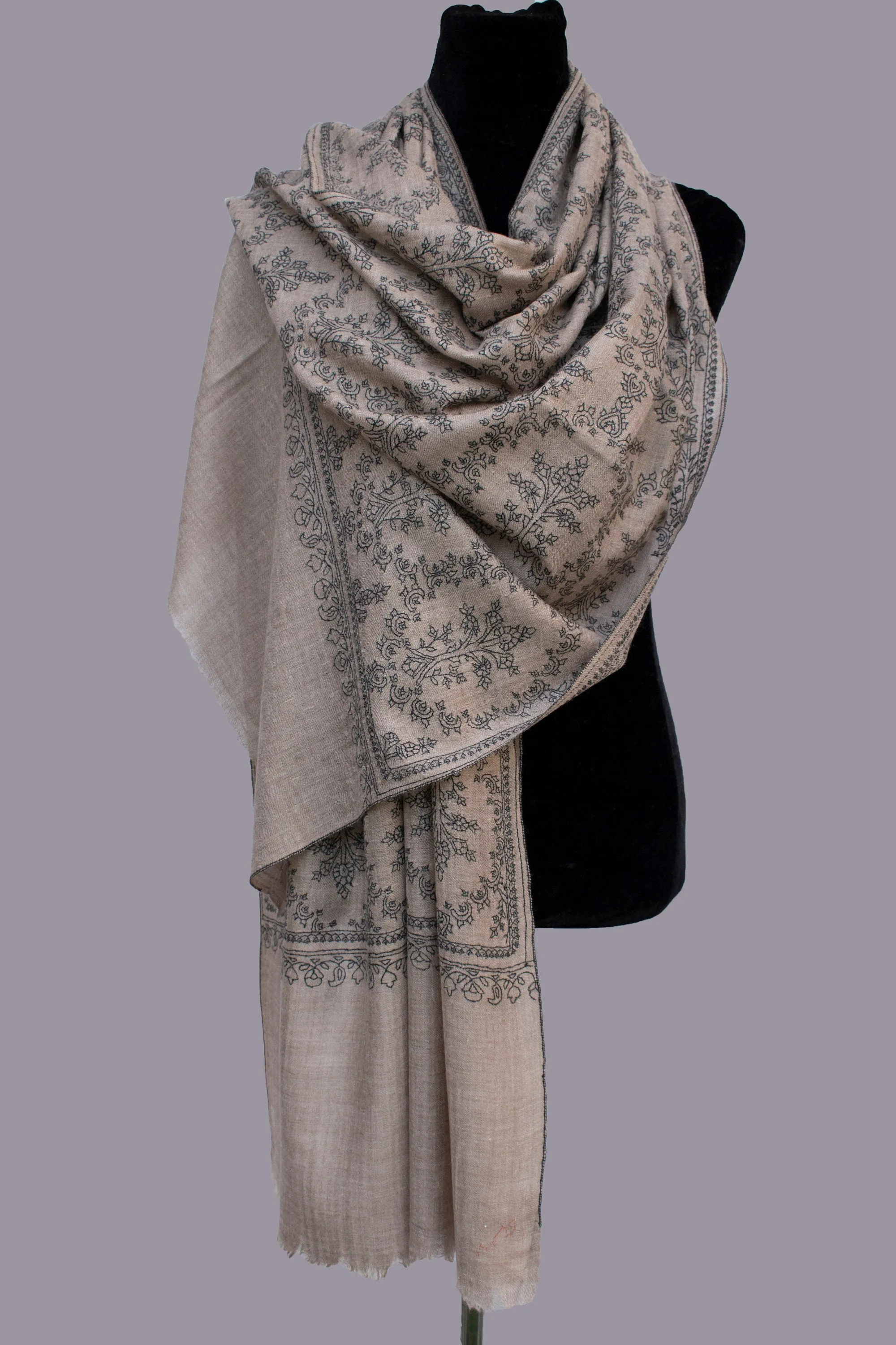 Grey Natural Pure Pashmina Scarf Cashmere Wrap Jali, Handwoven, Hand Embroidered
