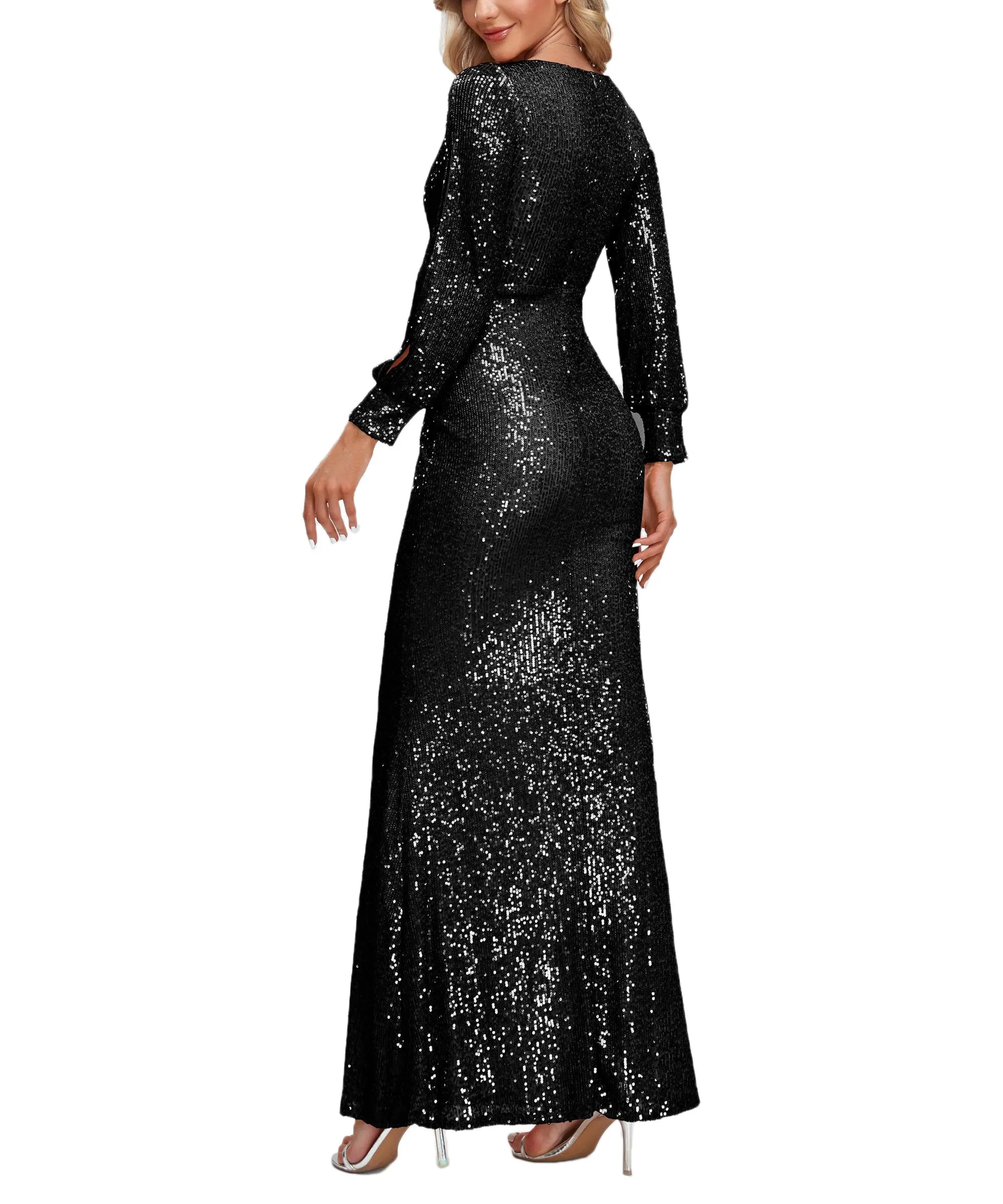 KittenAlarm - V-Neck Split Long Sleeve Shinning Sequins Dress