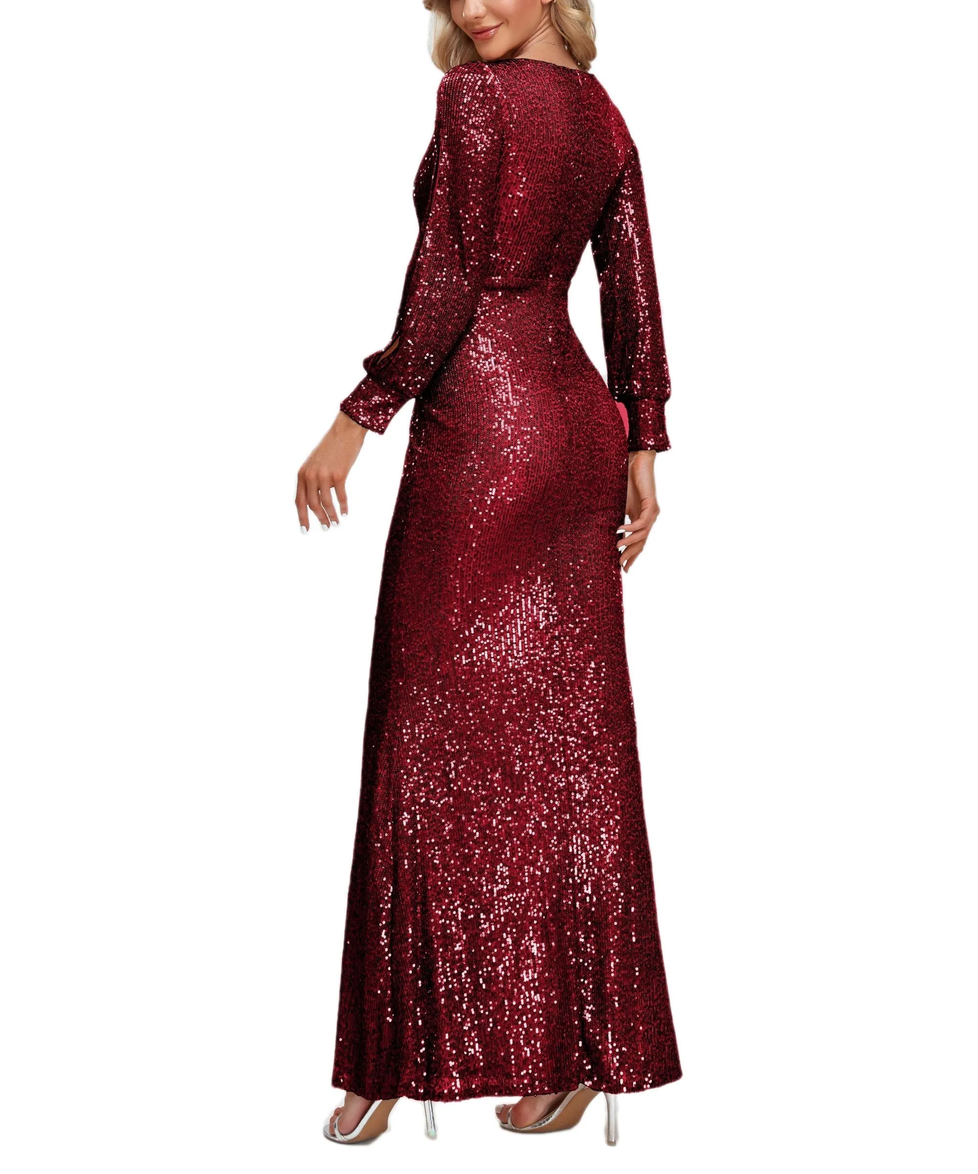 KittenAlarm - V-Neck Split Long Sleeve Shinning Sequins Dress
