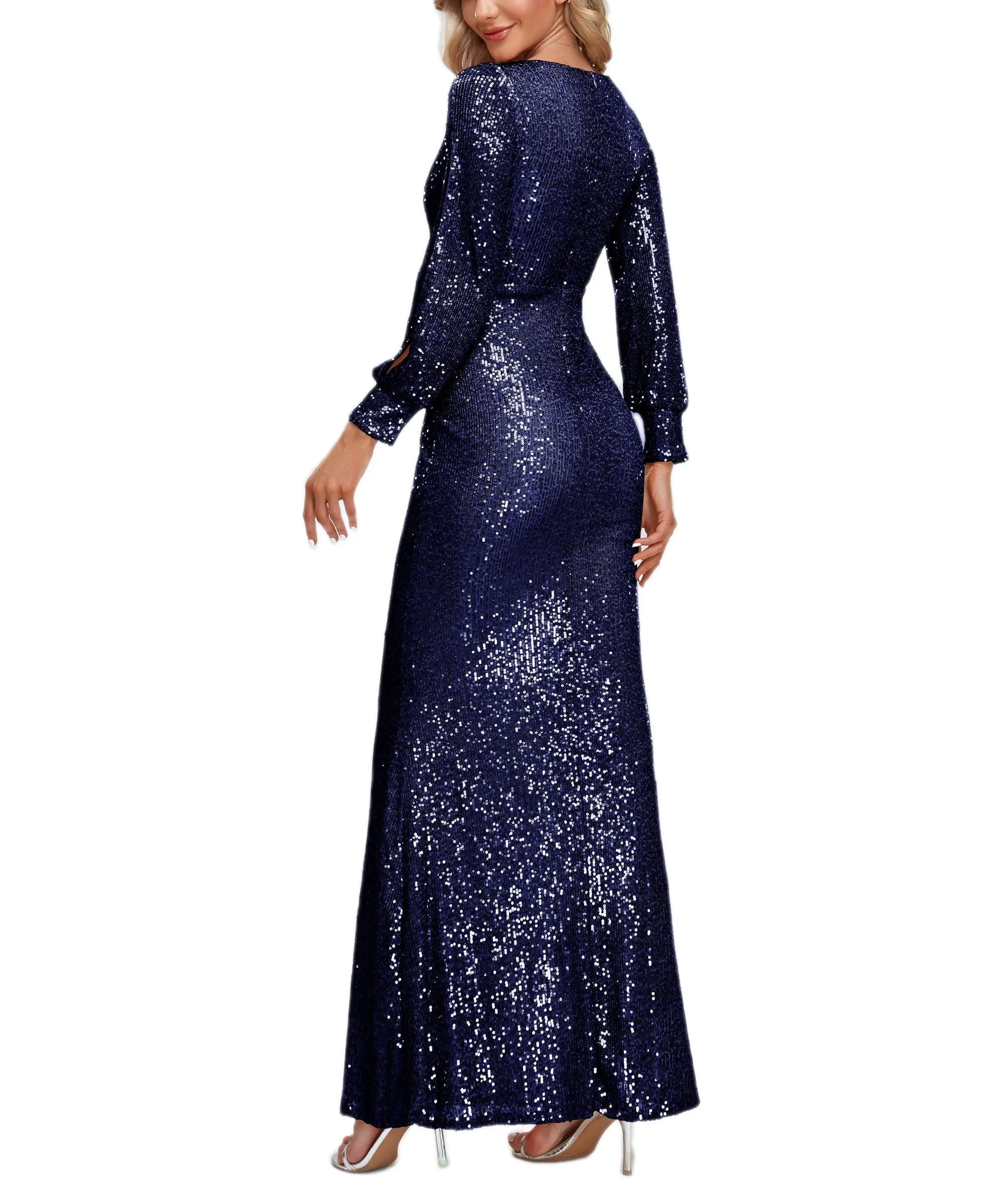 KittenAlarm - V-Neck Split Long Sleeve Shinning Sequins Dress