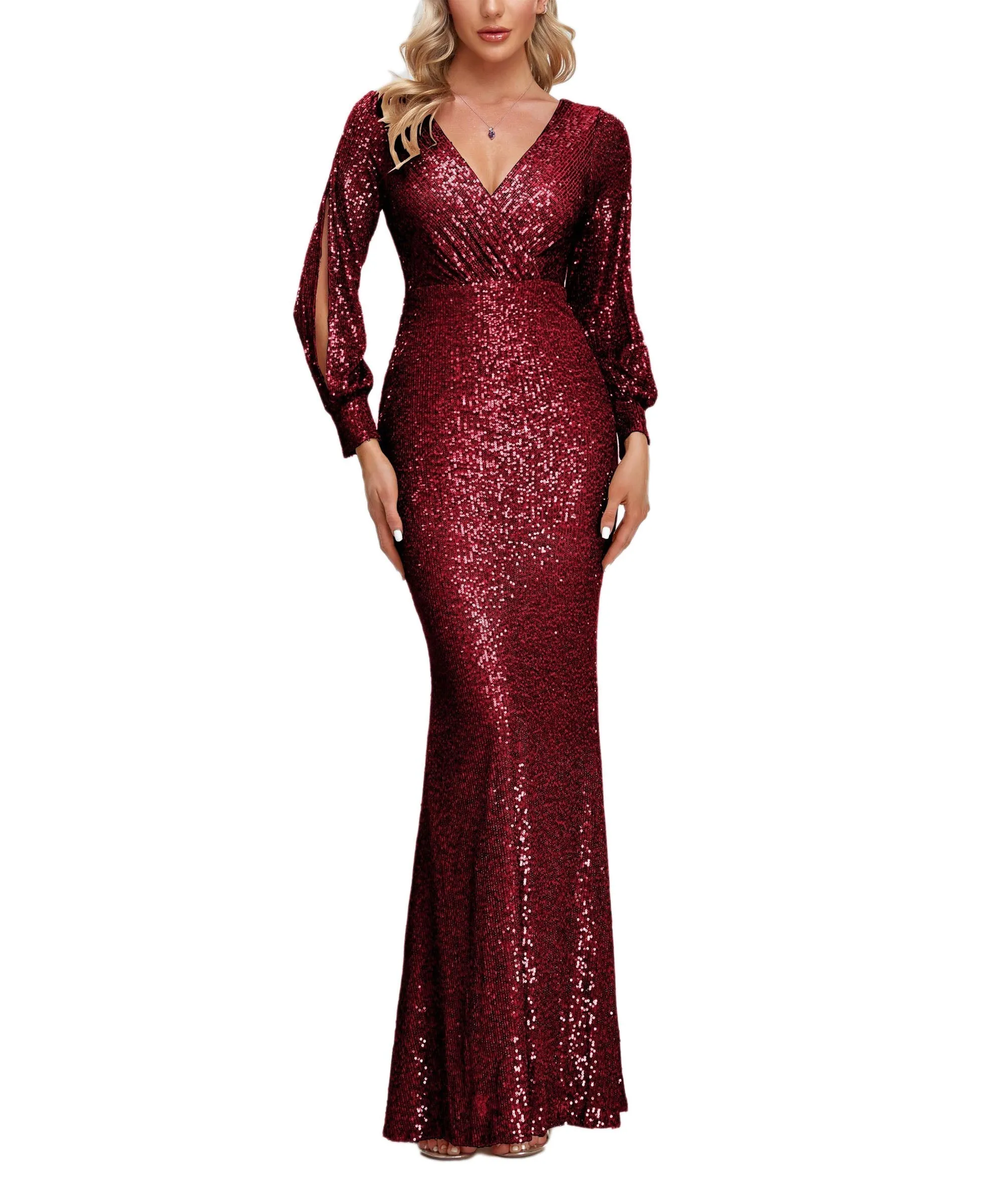KittenAlarm - V-Neck Split Long Sleeve Shinning Sequins Dress