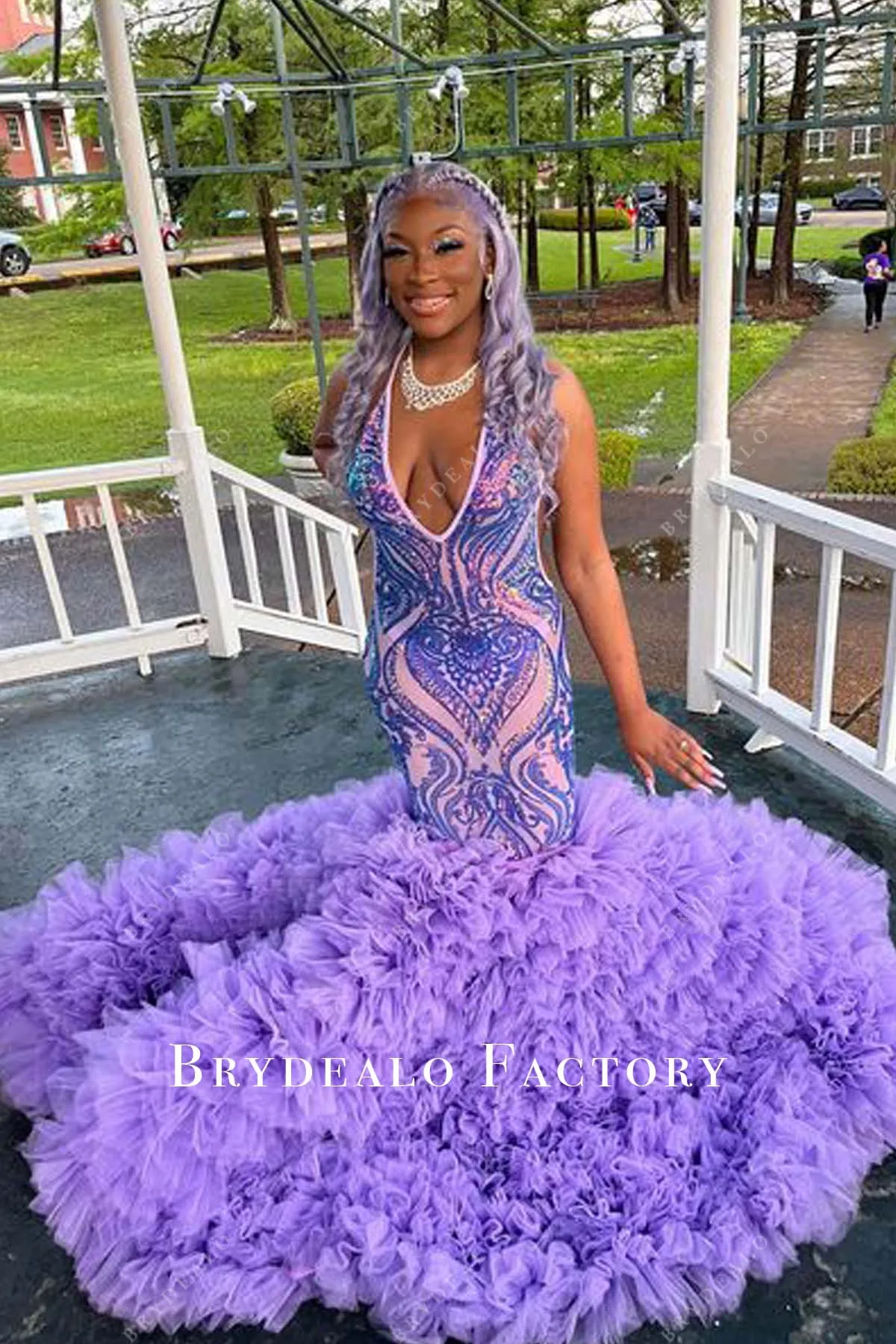 Lilac Plunging Halter Sequin Tulle Trumpet Long Train Prom Dress