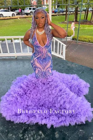 Lilac Plunging Halter Sequin Tulle Trumpet Long Train Prom Dress