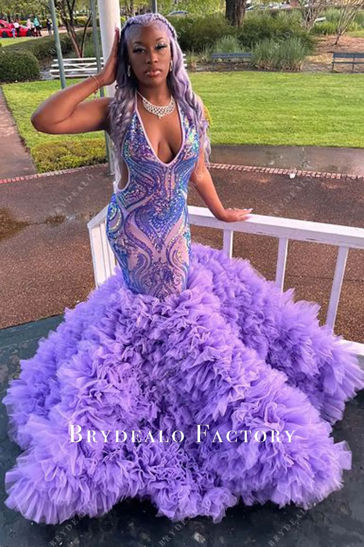 Lilac Plunging Halter Sequin Tulle Trumpet Long Train Prom Dress