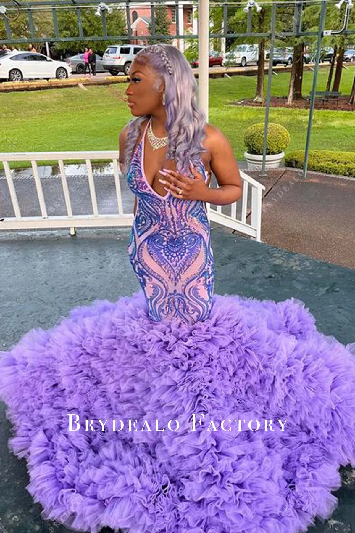 Lilac Plunging Halter Sequin Tulle Trumpet Long Train Prom Dress