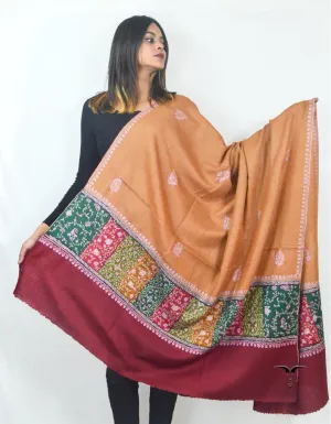 Macaroon Beige & Merlot Maroon Pashmina Shawl With Multicoloured & Sozni Borders 5659