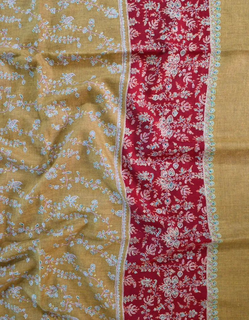 Mustard & Maroon Pashmina Shawl With Sozni Work 5403